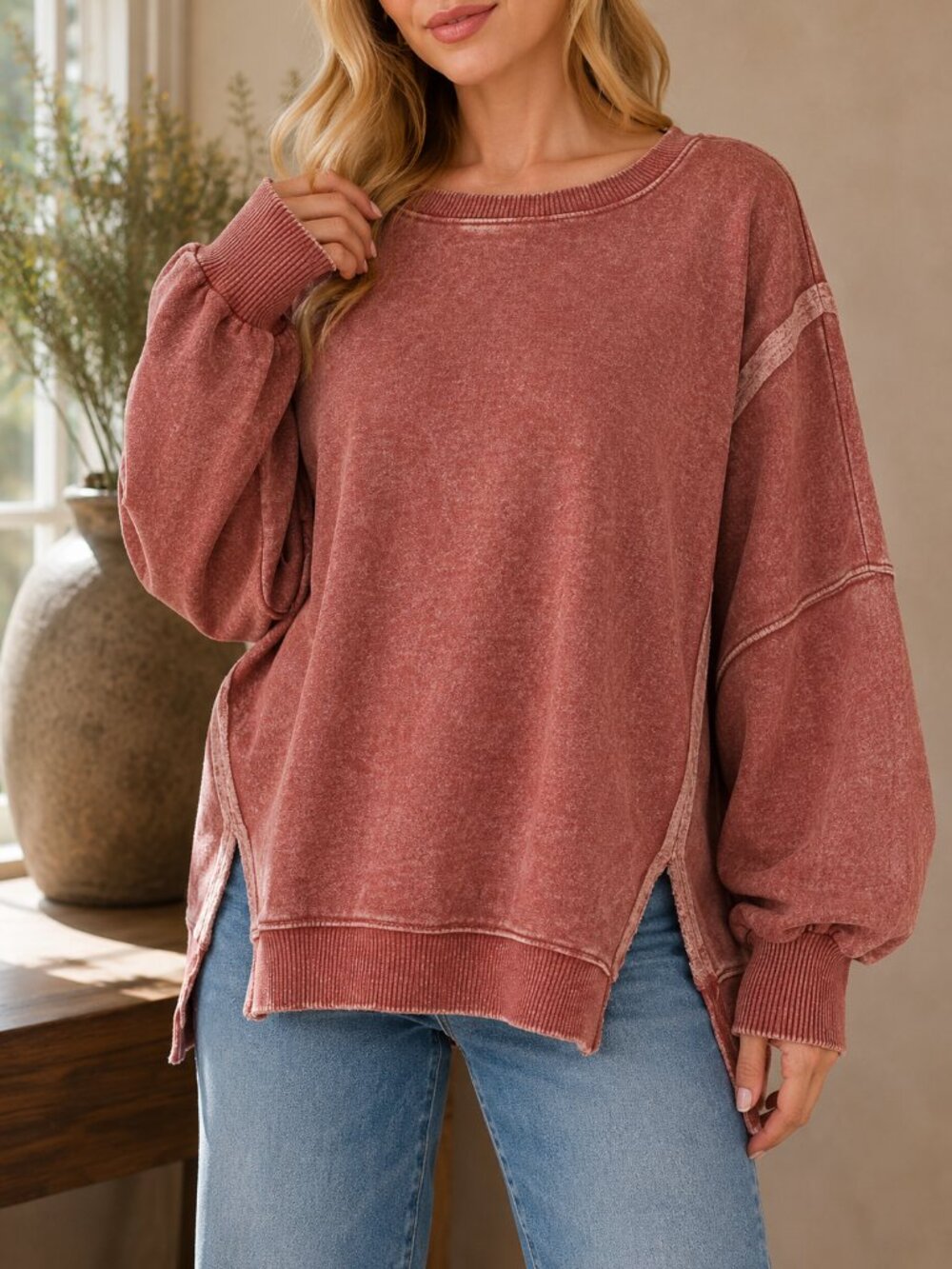 175. Women’s Dark Rust Acid Wash Oversized Fleece Batwing Sweatshirt